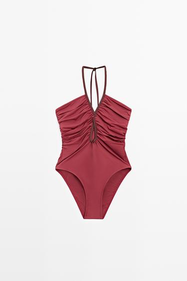 Zara Swimsuit with contrast gathered detail - Pink - Image 0