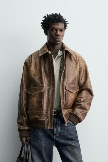 КОЖАНАЯ КУРТКА В ВИНТАЖНОМ СТИЛЕ — ТАБАЧНЫЙ от Zara