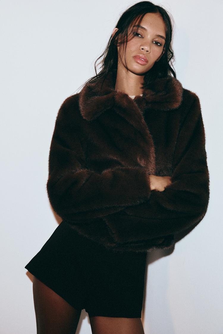 FAUX FUR SHORT COAT — Tobacco