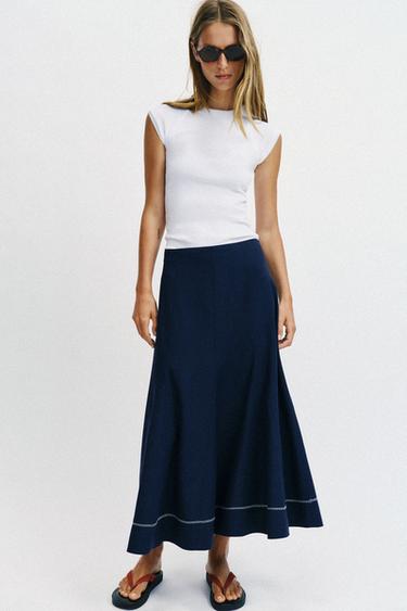 EMBROIDERED FLARE MIDI SKIRT - Ink blue by Zara