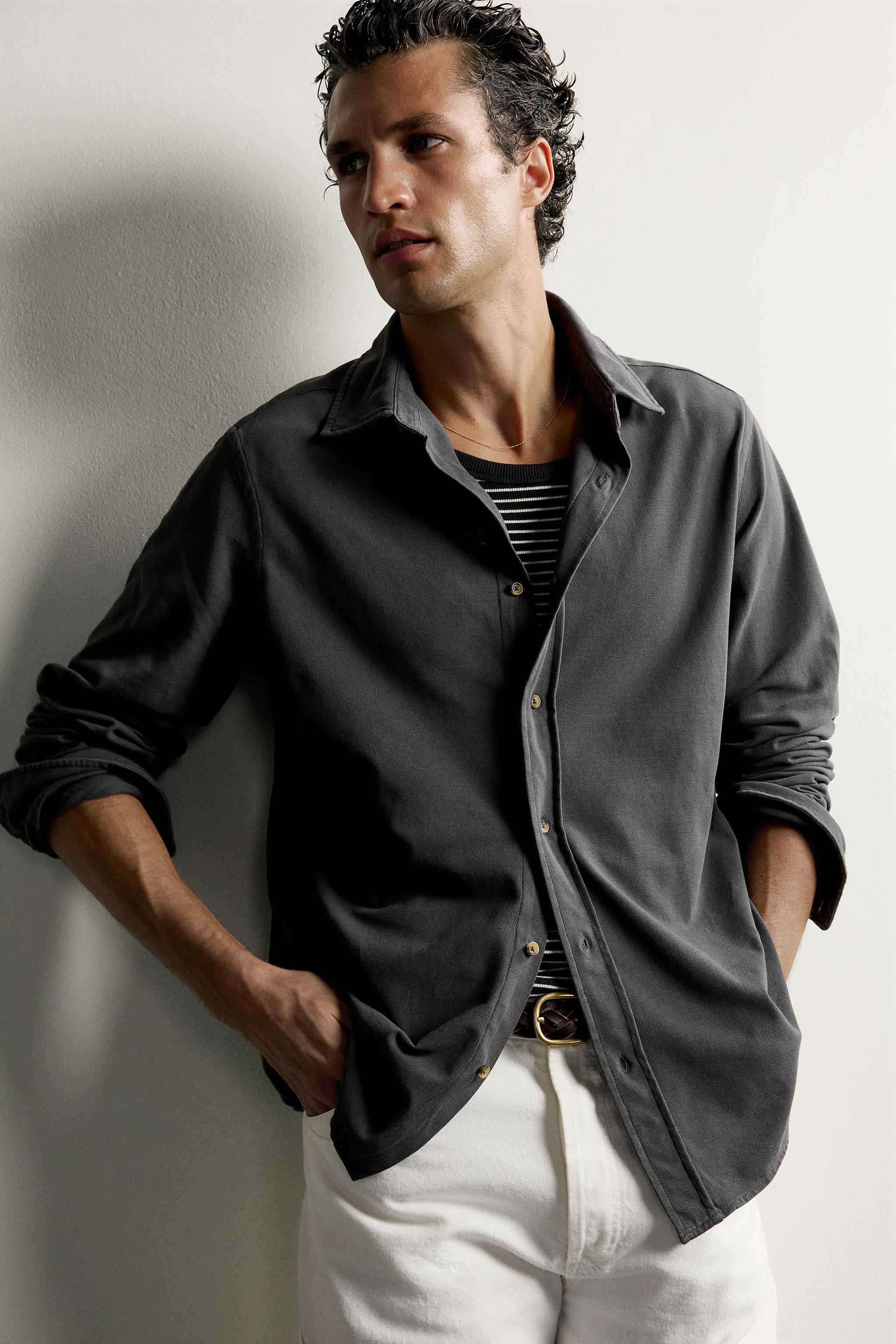Мужские рубашки Zara WASHED PIQUÉ REGULAR FIT SHIRT — фото 6