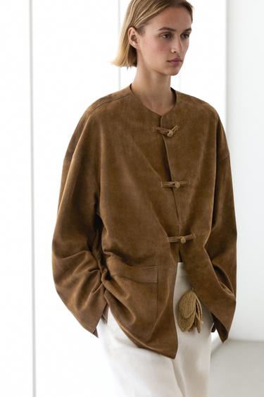 Zara Suede leather stand collar jacket - Light brown
