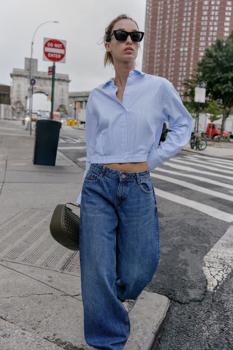 CAMISA CURTA OXFORD RISCAS PREGAS CINTURA Cru Azul ZARA Portugal