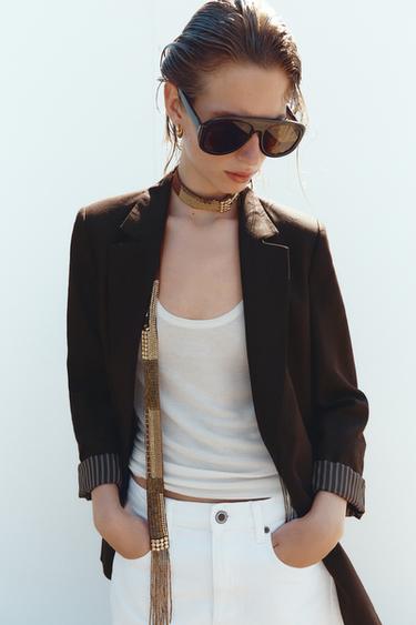 BLAZER WITH LINEN ROLLED-UP SLEEVES - Dark brown by Zara