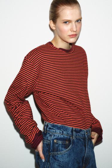 Zara COTTON AND LINEN STRIPED T-SHIRT - Reds