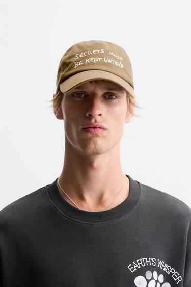 CAP WITH EMBROIDERED SLOGAN - camel by Zara - Image 0