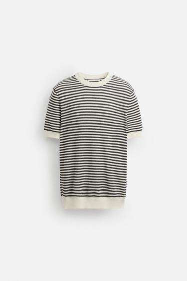 Zara STRIPED OPEN KNIT T-SHIRT - White / Gray