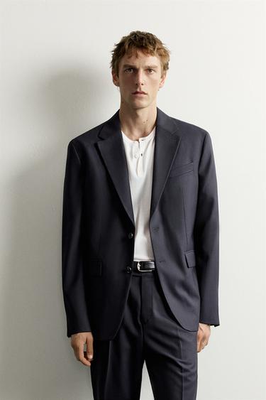BLAZER ESTRUTURADO EM ESPINHA DE PEIXE COM LÃ - Azul-marinho da Zara