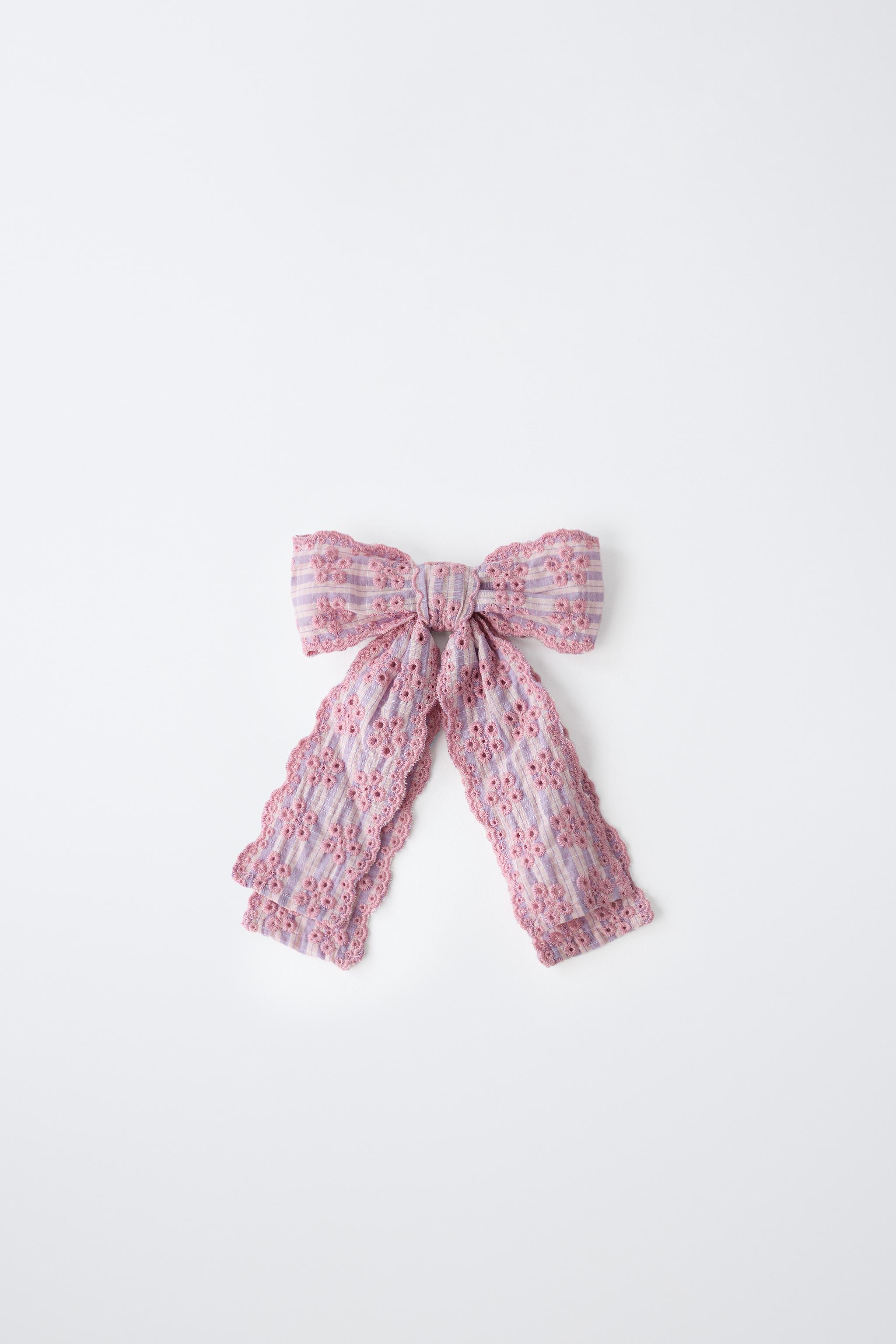 SWISS EMBROIDERY BOW HAIR TIE AND BARRETTE — Mauve