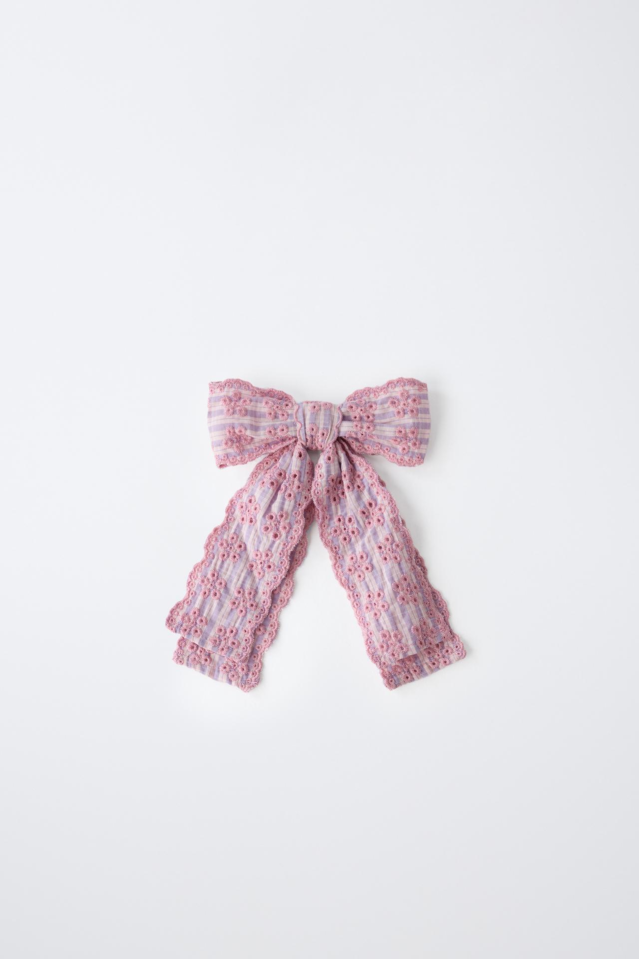 SWISS EMBROIDERY BOW HAIR TIE AND BARRETTE — Mauve