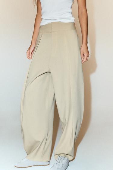 Zara STRIPED PLEATED BALLOON PANTS - Beige