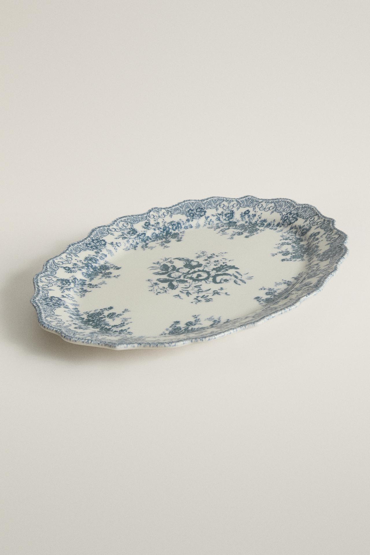 FLORAL EARTHENWARE SERVING DISH — Blue