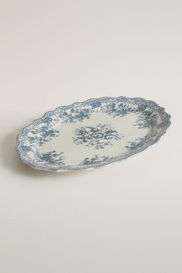 FLORAL EARTHENWARE SERVING DISH — Blue 2