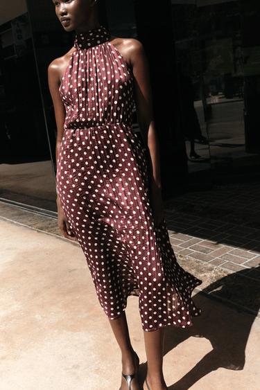 Zara POLKA DOT MIDI DRESS - Ecru / Maroon