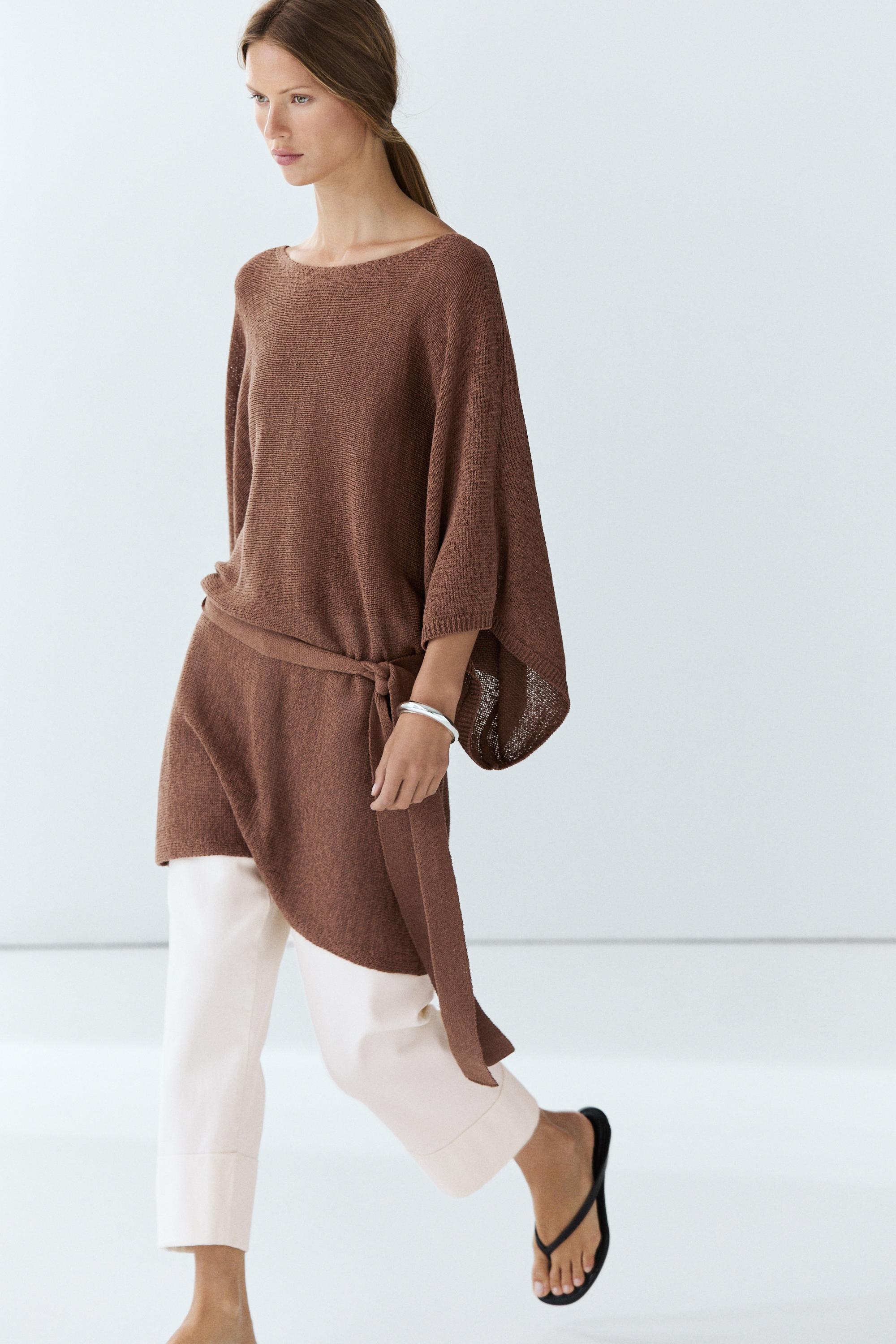 Cotton blend knit sweater with belt — Mink marl