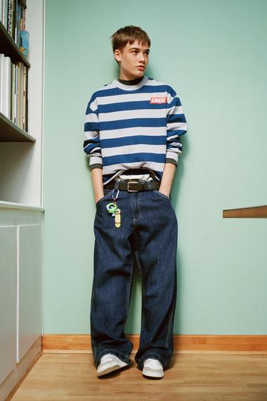Zara STRIPED TEXT SWEATSHIRT - Blue