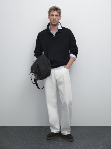 Zara 100% cashmere ribbed knit polo shirt - Navy blue - Image 0
