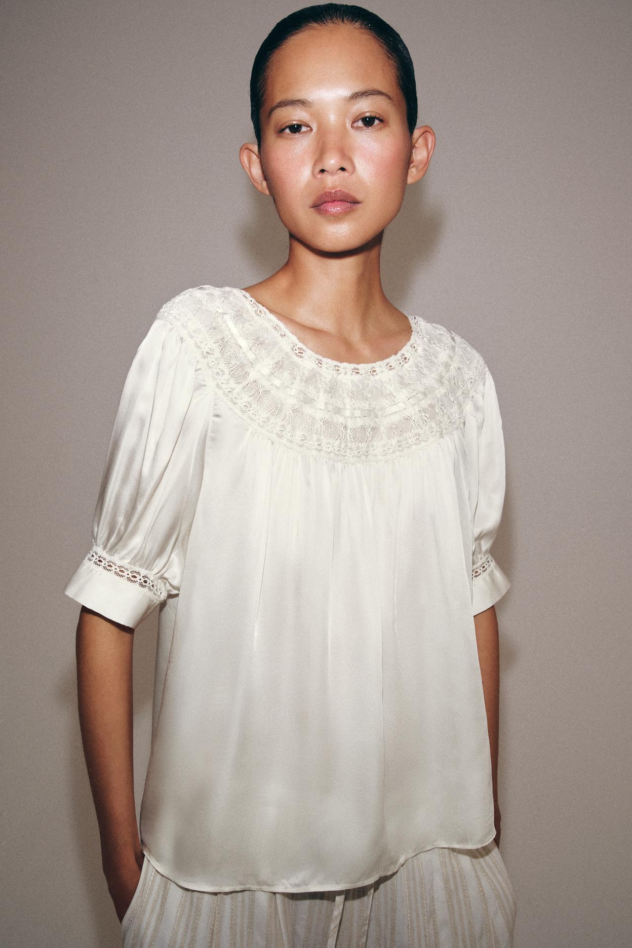 ZW COLLECTION SHORT SLEEVE LACE BLOUSE — White