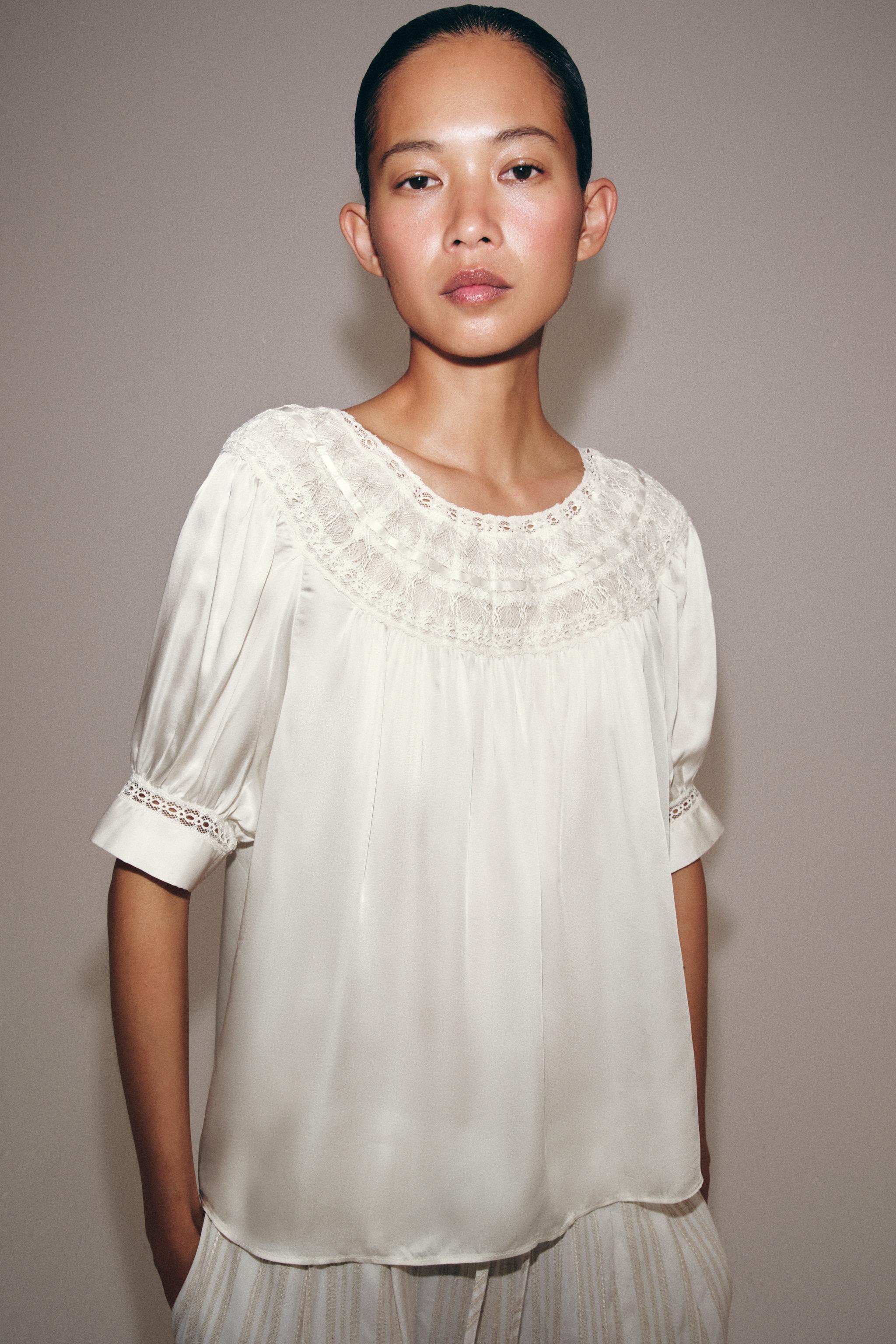 Женские блузки Zara ZW COLLECTION SHORT SLEEVE LACE BLOUSE — фото 2