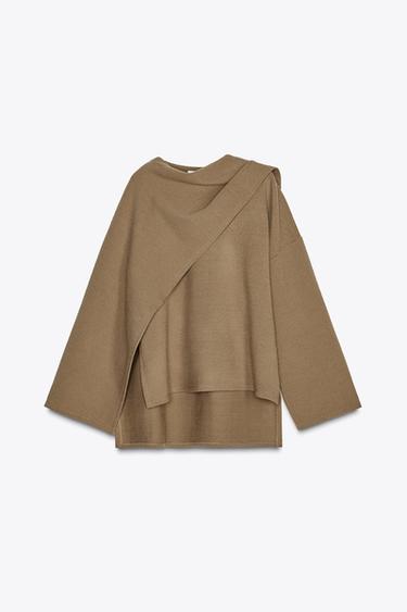 Zara SWEATER WITH SCARF OVERLAY - Mid-camel
