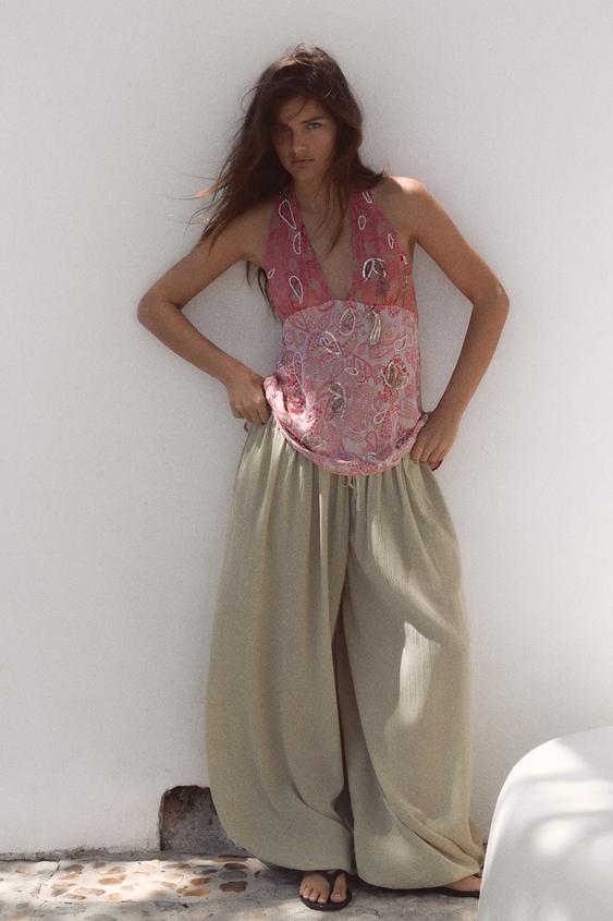 TOP HALTER EN CRÊPE GEORGETTE IMPRIMÉ ET FANTAISIE - Fuchsia de Zara - Image 0
