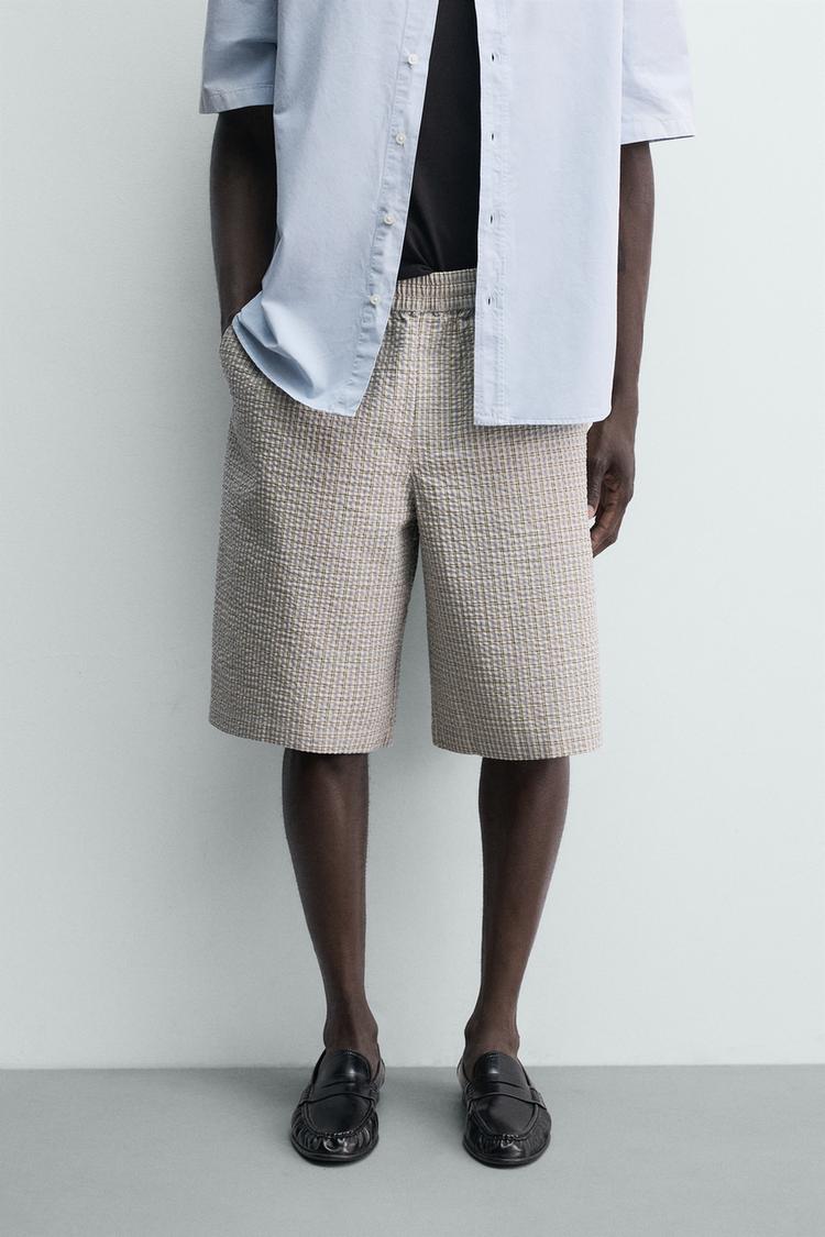 ZARA TEXTURED CHECK BERMUDA SHORTS