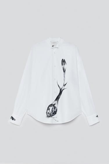 CONTRAST PRINT SHAWL COLLAR SHIRT — White 1