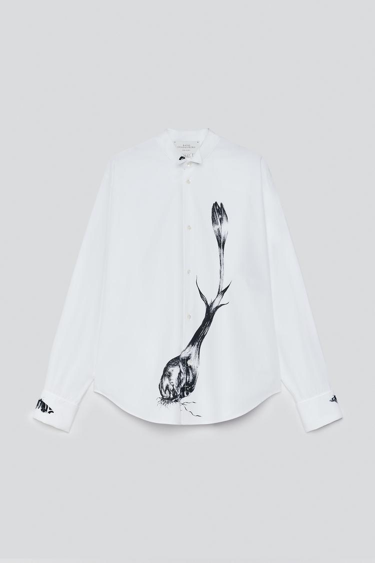 CONTRAST PRINT SHAWL COLLAR SHIRT — White