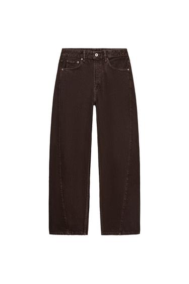 Zara TRF MID-RISE BAGGY BARREL JEANS - Brown