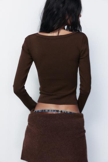 T-SHIRT CÔTELÉ À MANCHES LONGUES - Marron foncé de Zara - Image 3