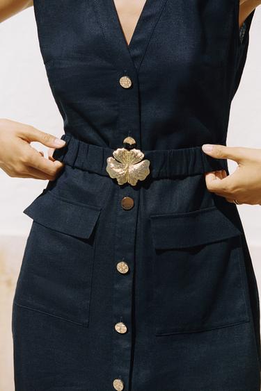 MIDI DRESS WITH LINEN BLEND BELT - Navy blue by Zara