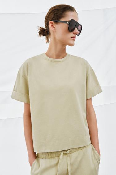 Zara HEAVY COTTON SHORT SLEEVE T-SHIRT - Light green