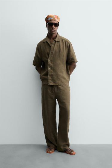 100% LINEN RELAXED FIT SHIRT - Dark khaki by Zara - Image 0