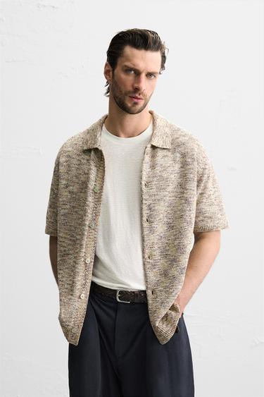 Zara BOUCLÉ TEXTURED KNIT SHIRT - taupe brown