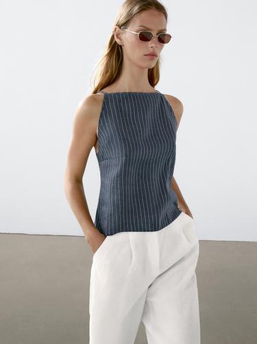 Top halter rayas mezcla lino - Azul de Zara