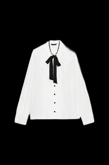 Zara CONTRAST TIE RUFFLE BLOUSE - Ecru - Image 0