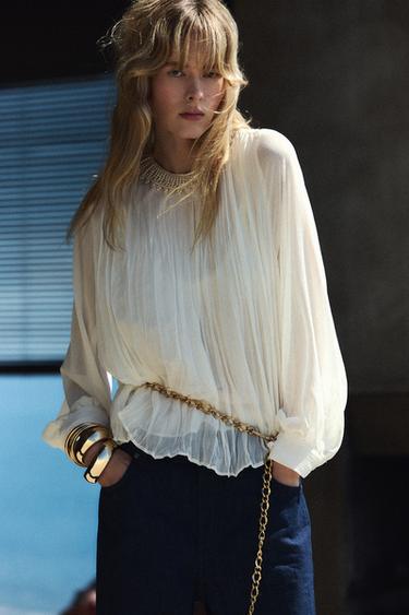 TOP WITH FAUX PEARL DETAIL AT THE NECK - Ecru by Zara