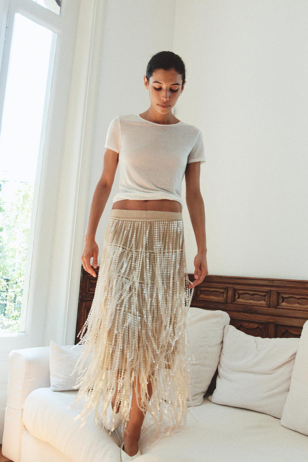 SEQUIN FRINGE MIDI SKIRT
