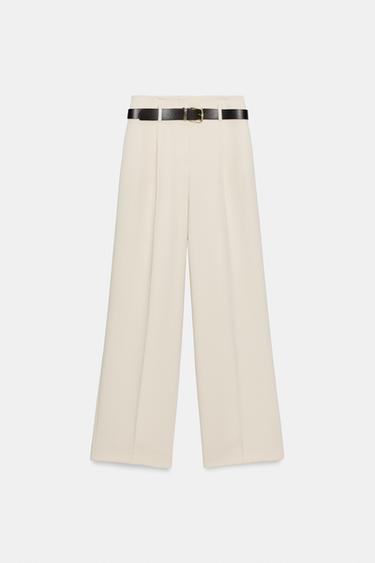 PANTALON DROIT À PINCES AVEC CEINTURE - Blanc ivoire de Zara - Image 6