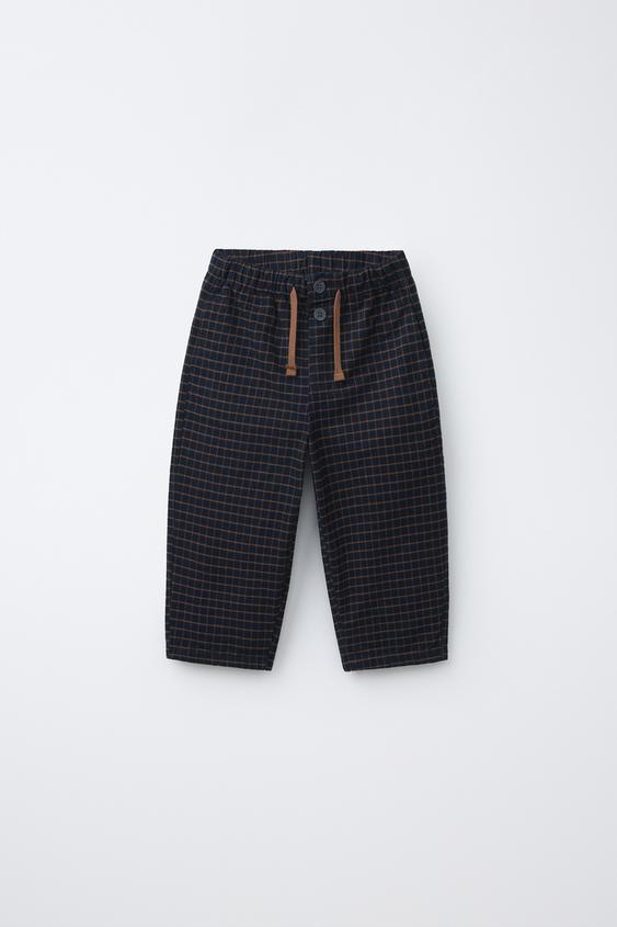 Zara 格紋寬鬆長褲 - 藍色 - 圖片 0