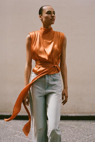 SATIN TOP WITH BOW - Burnt orange by Zara