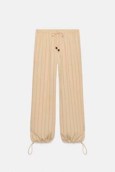 PANTALON LARGE À RAYURES ET TAILLE ÉLASTIQUE - Sable de Zara - Image 5