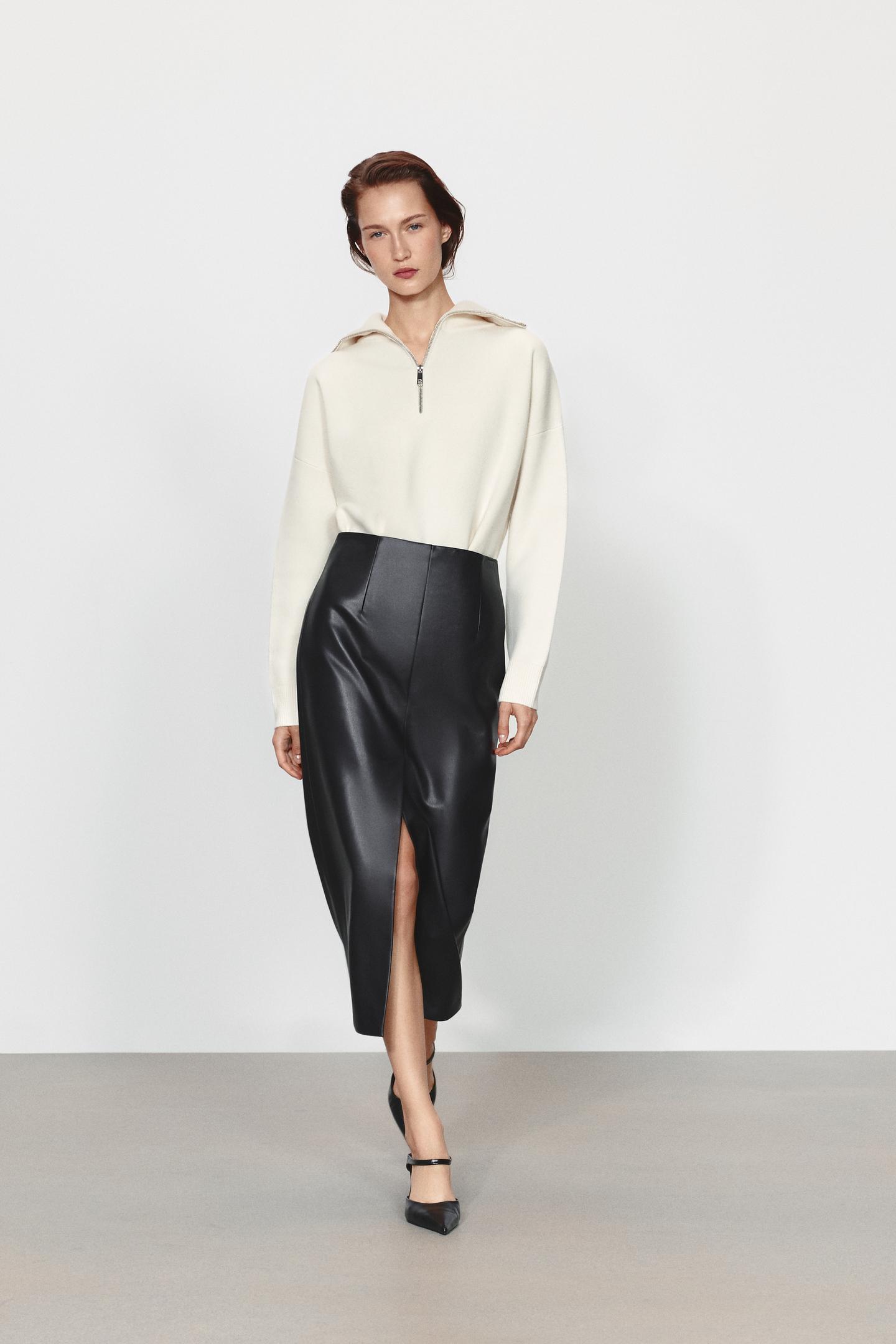 Женская юбка Zara ZW Collection Faux Leather Straight, цвет: Чёрный — фото 1
