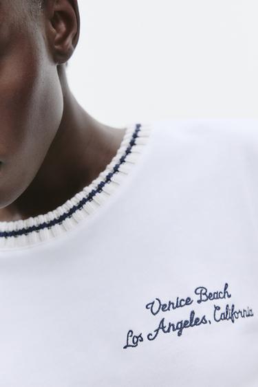 T-SHIRT BRODÉ À COL EN TRICOT - Blanc cassé de Zara - Image 2