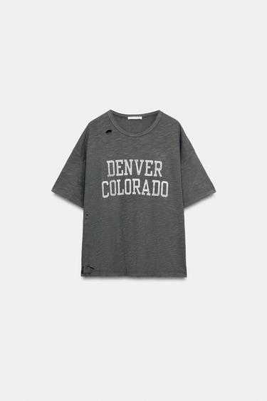 Zara OVERSIZED RIPPED TEXT T-SHIRT - Charcoal