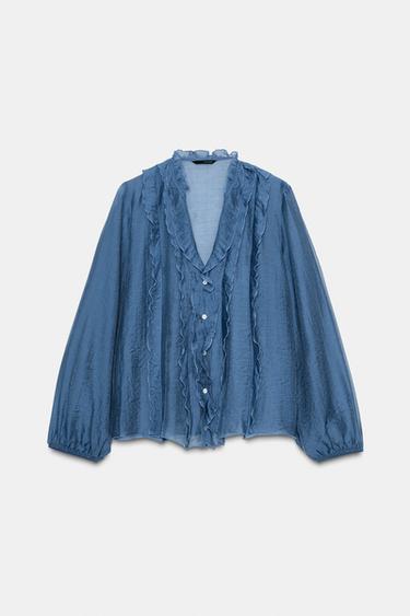 Zara RUFFLED BLOUSE - Blue / Gray