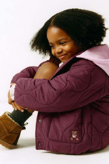 EMBROIDERED BEAR HOODED PUFFER JACKET - Burgundy by Zara