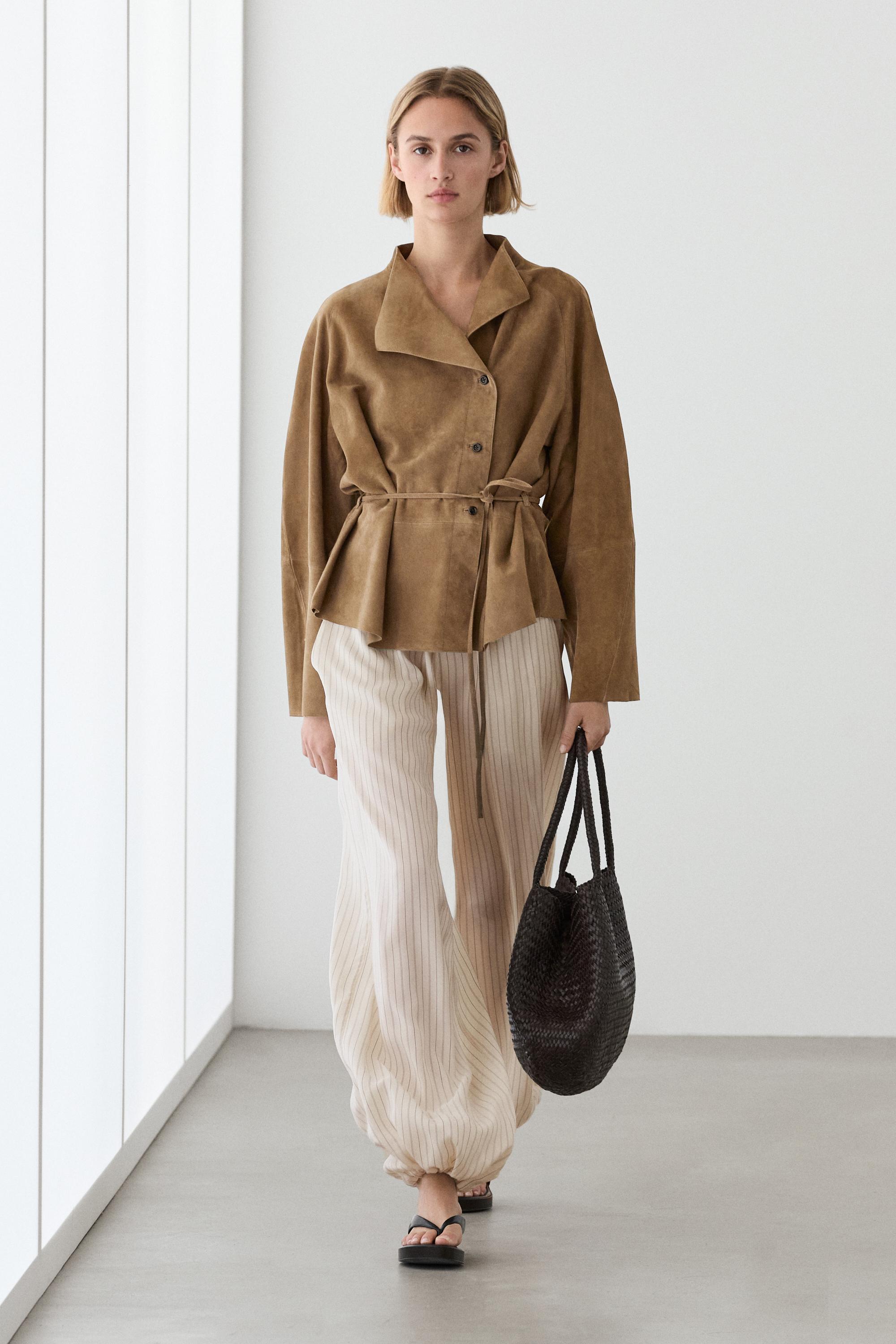 Suede leather jacket with drawstring
