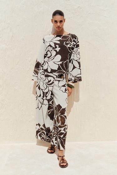 PANTALÓN CRUZADO ESTAMPADO FLORAL - Crudo / Marrón de Zara