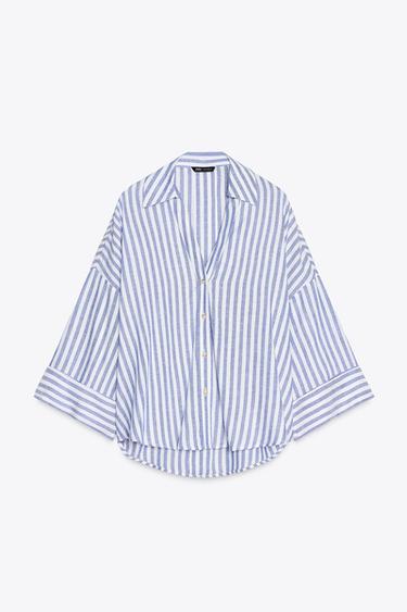 Zara WIDE SLEEVE LINEN SHIRT - Blue / White
